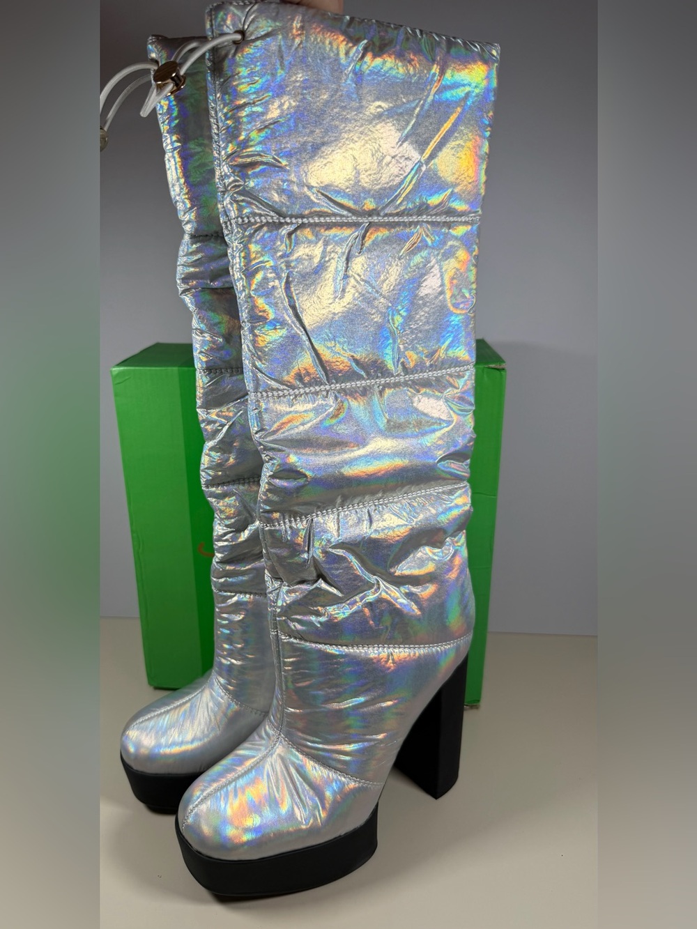Holographic Silver Knee-High Block Heel Boots - Women